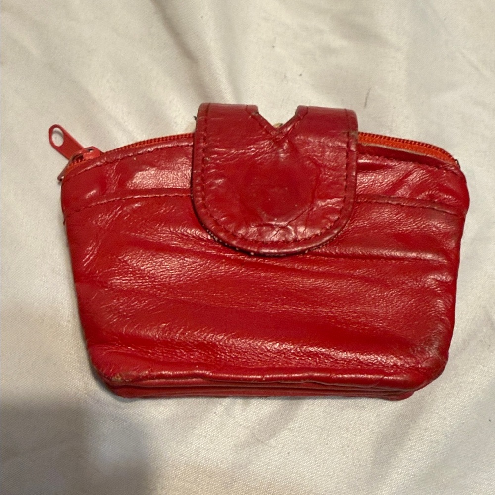 EP Red Leather Zip Coin Pouch Double Snap Closure